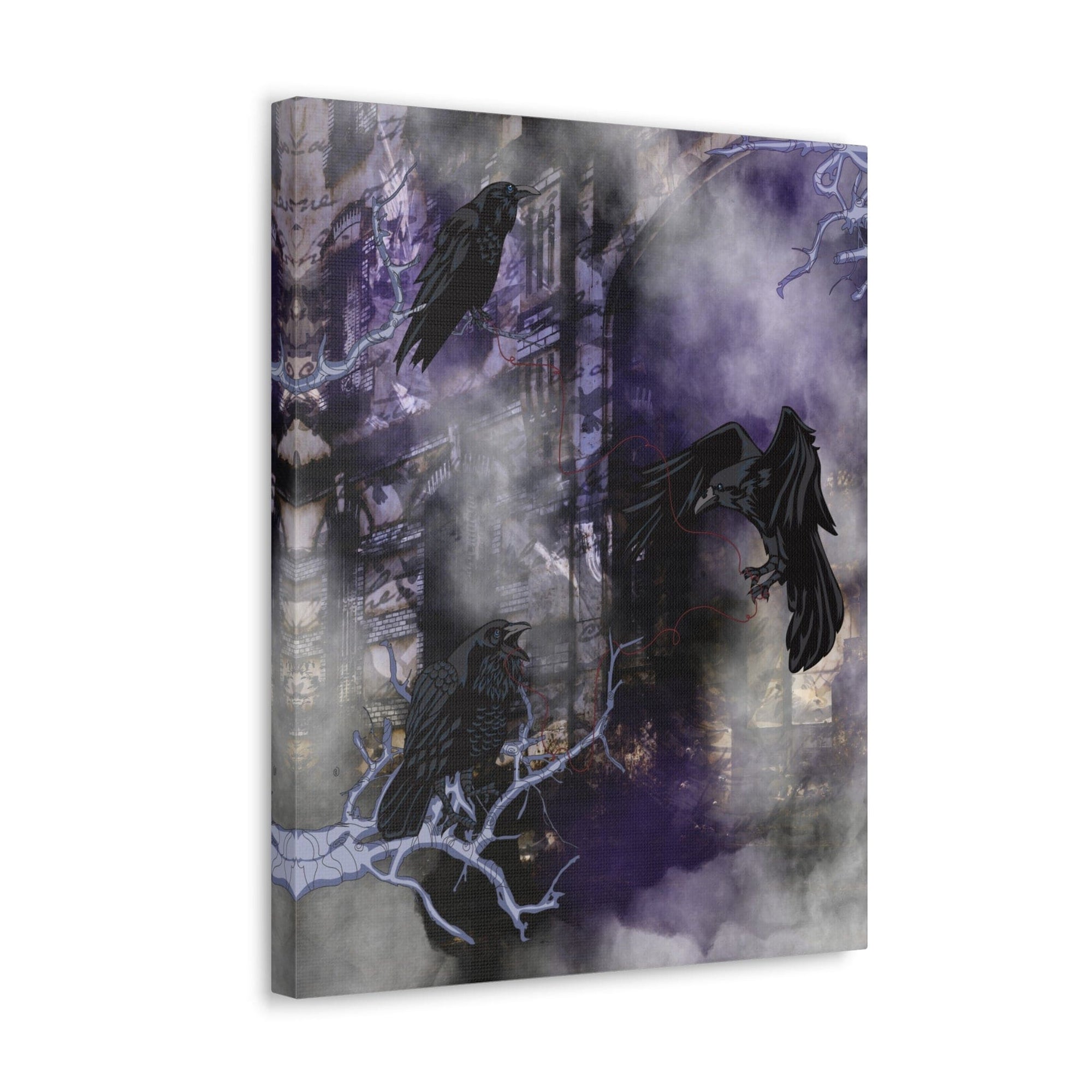 Ravens witchy dark poetic canvas print. Mythical and mystical gothic art print ravens and castles