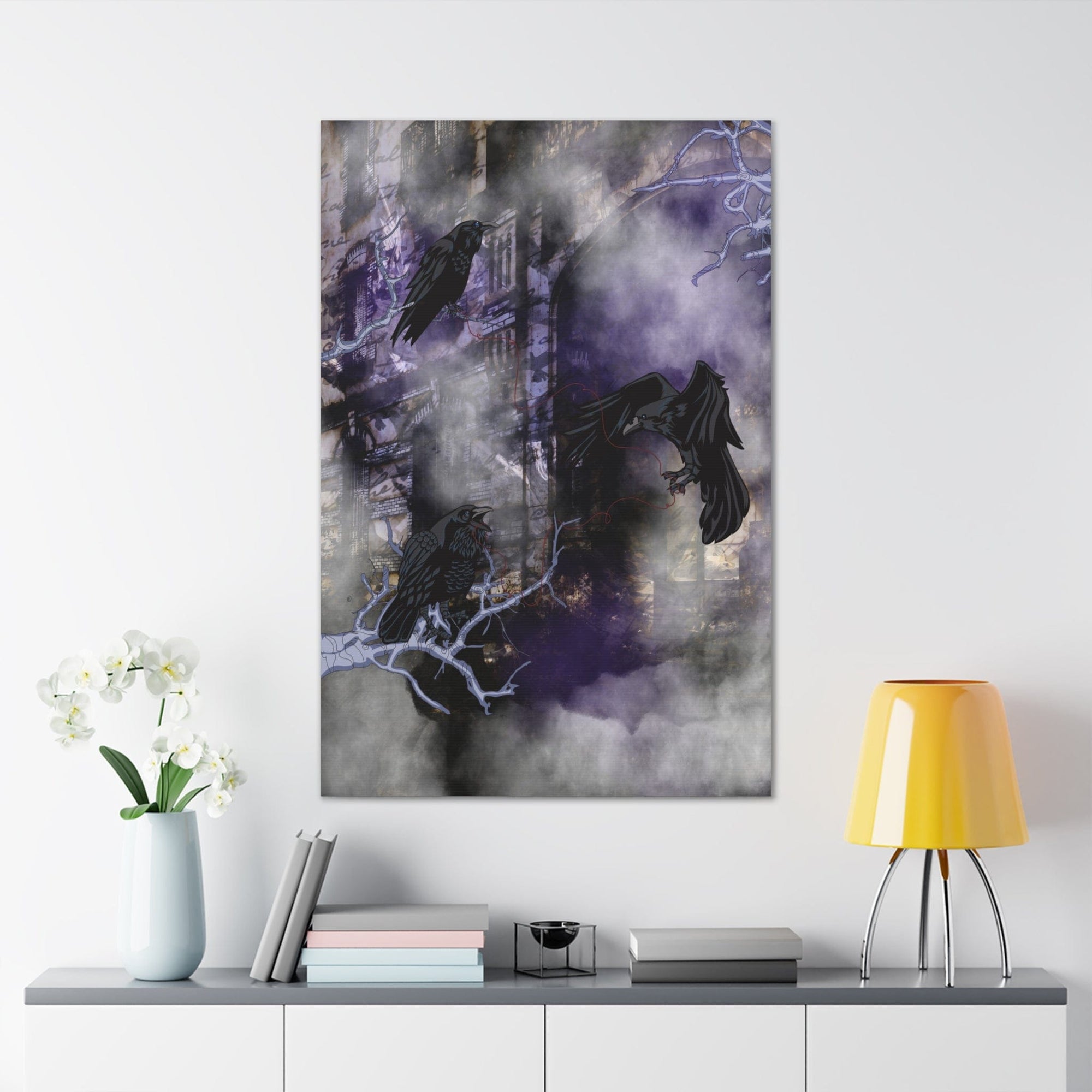 Ravens witchy dark poetic canvas print. Mythical and mystical gothic art print ravens and castles